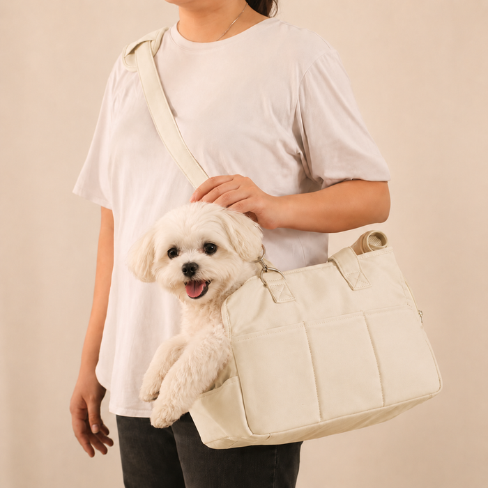 Sac bandoulière Le Flâneur beige pour petit chien — coton waterproof pliable