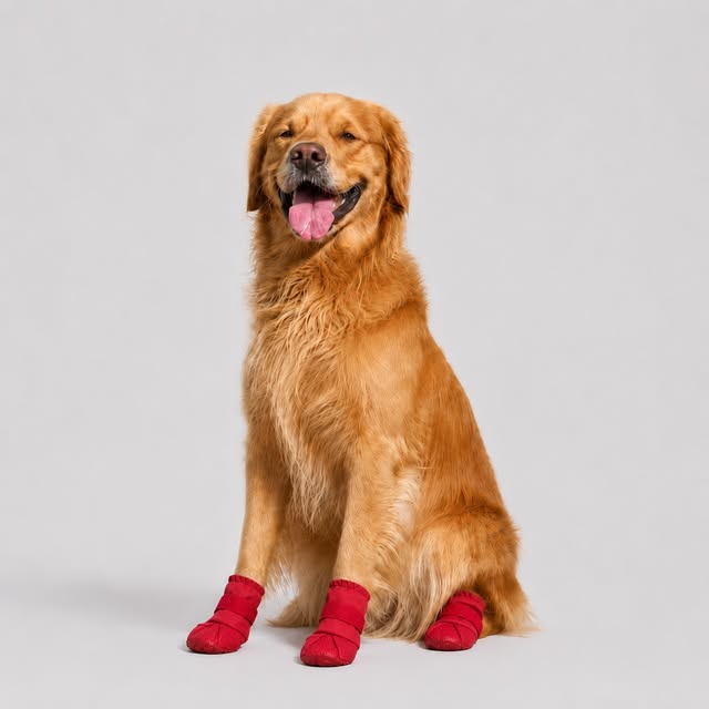 Golden retriever assis portant quatre chaussons rouges.
