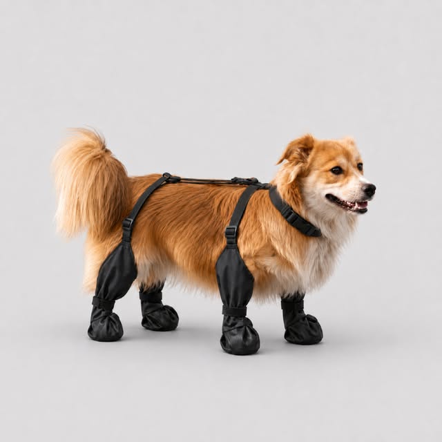 Chien roux debout portant des bottes noires imperméables maintenues par des bretelles.