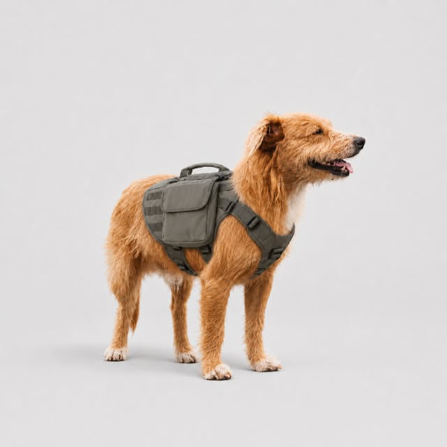 Chien roux de profil portant un harnais sac à dos gris, sur fond gris clair.
