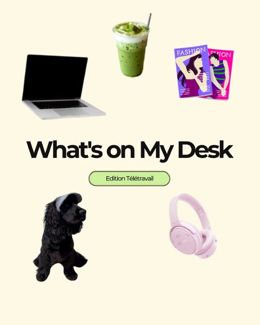 Composition « What's on My Desk », édition télétravail : ordinateur portable, matcha glacé, magazines, casque rose et petit cocker noir.