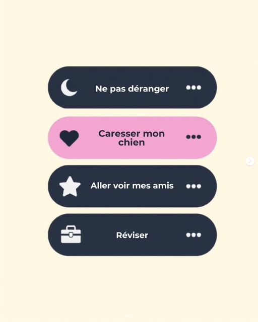 Liste d'options façon menu : « Ne pas déranger », « Caresser mon chien » surligné en rose, « Aller voir mes amis », « Réviser ».