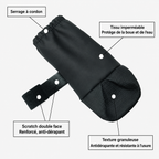 Bottes imperméables Le Chausson pour chien, coloris Noir, Maison Pattounes, vue 5 : schéma annoté du serrage à cordon, du scratch double face, du tissu imperméable et de la semelle granuleuse