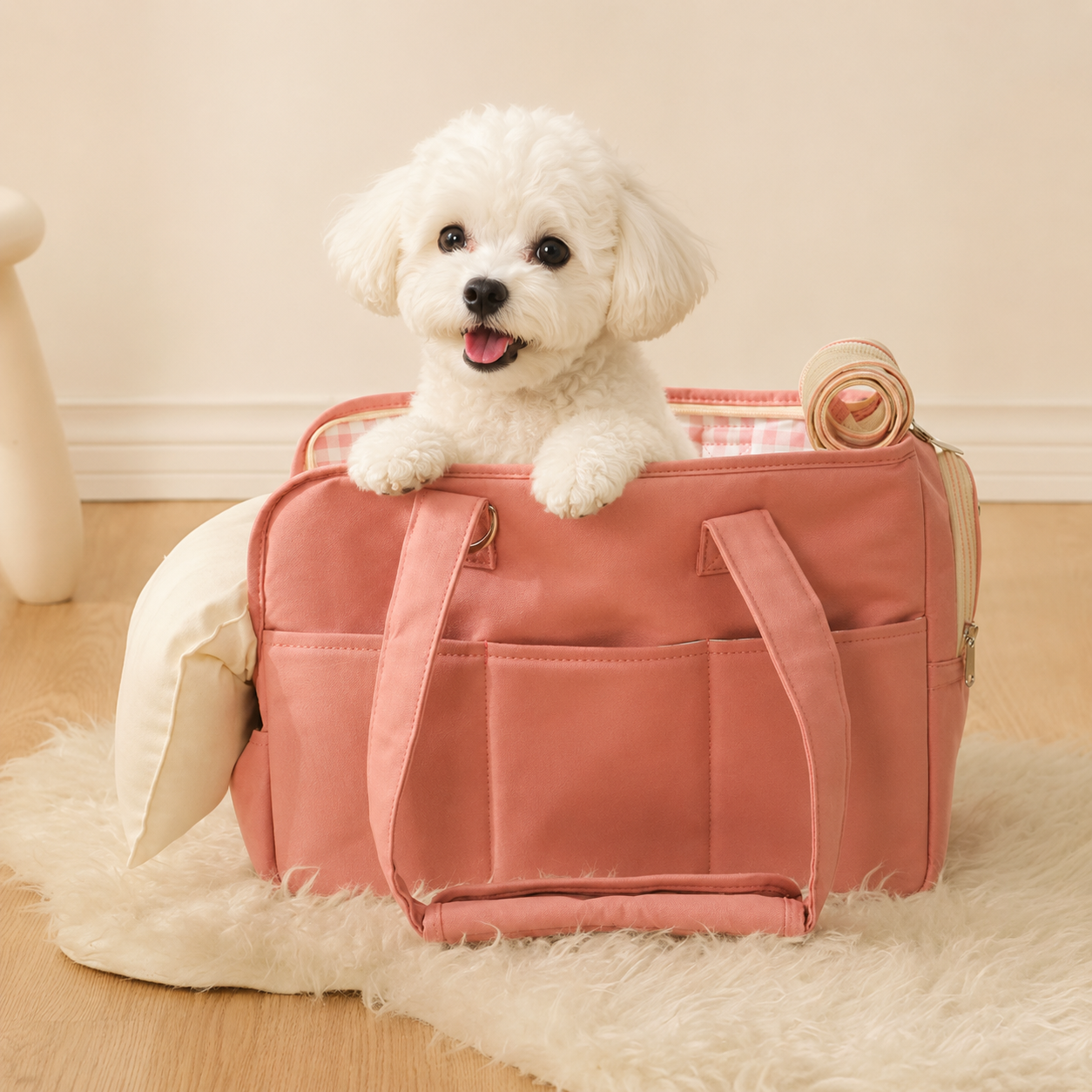 Sac bandoulière Le Flâneur rose poudré pour petit chien — porté épaule