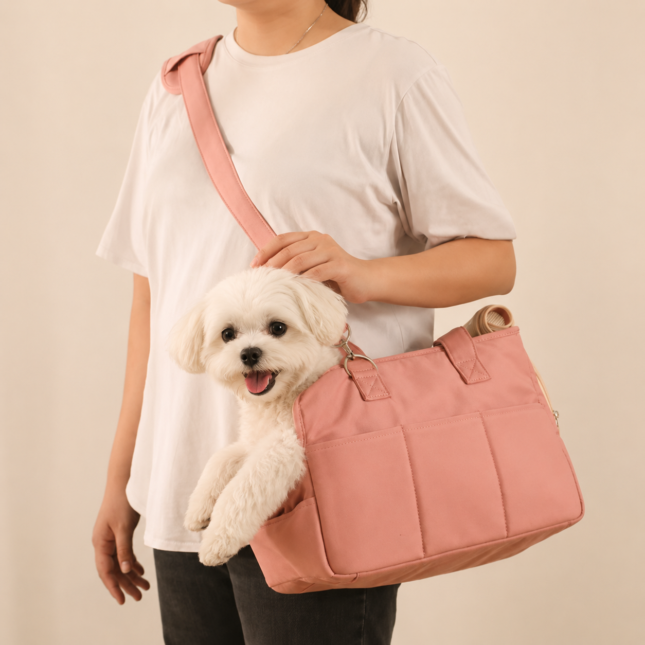 Sac bandoulière Le Flâneur rose poudré pour petit chien — coton waterproof pliable