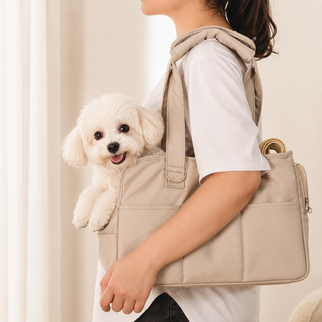 Sac bandoulière Le Flâneur beige pour petit chien — détail sangle rembourrée