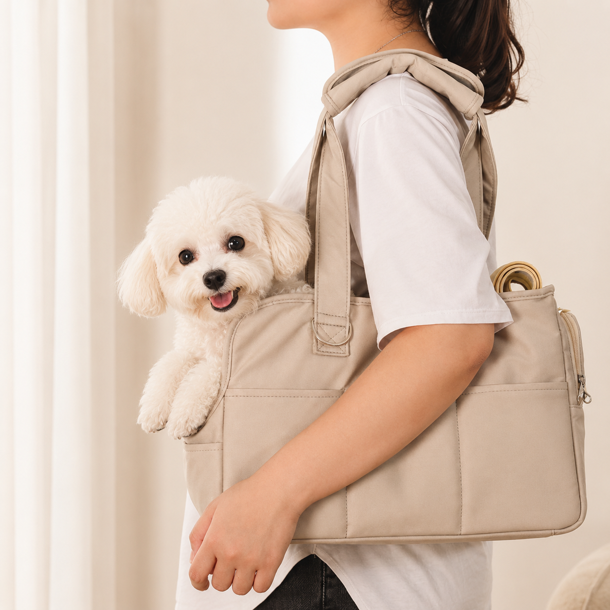 Sac bandoulière Le Flâneur beige pour petit chien — détail sangle rembourrée