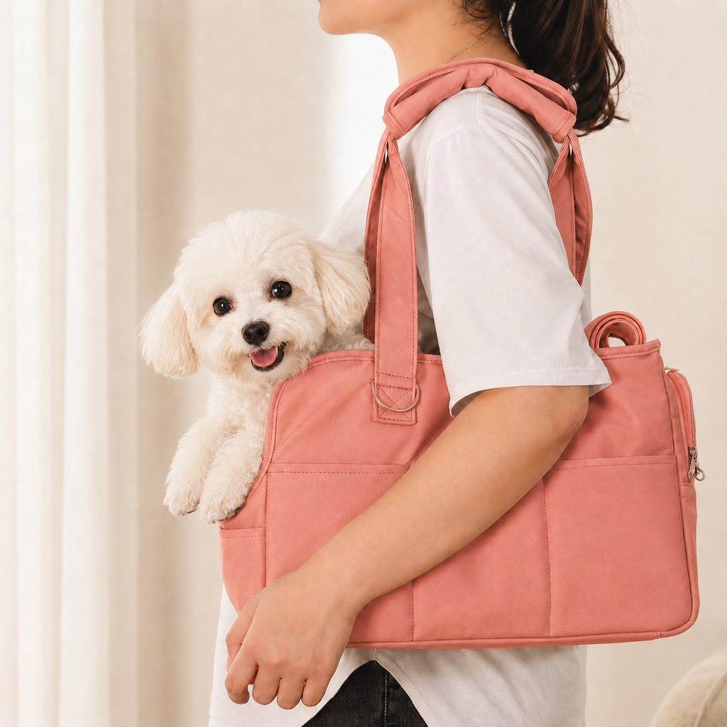 Sac bandoulière Le Flâneur rose poudré pour petit chien — détail sangle rembourrée