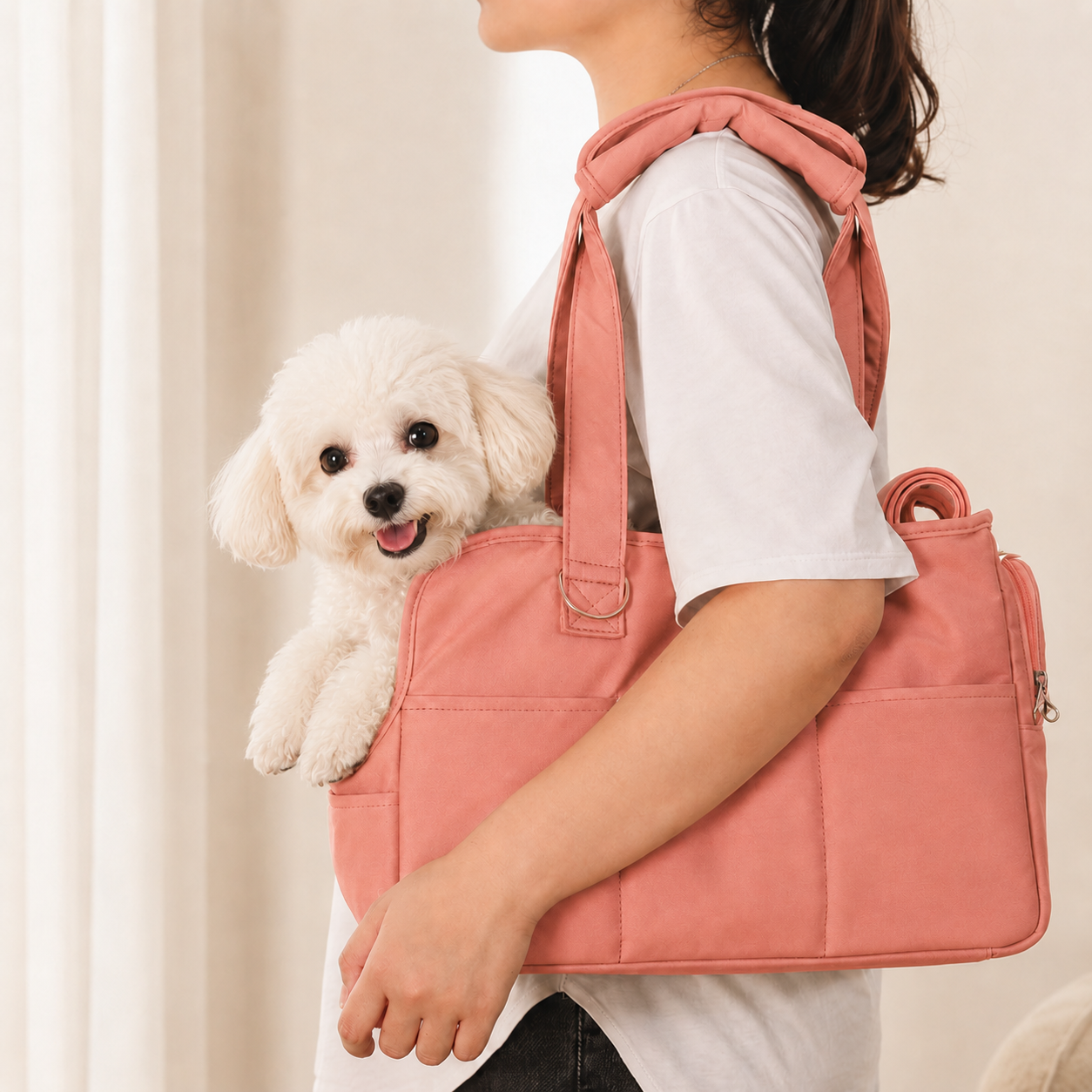 Sac bandoulière Le Flâneur rose poudré pour petit chien — détail sangle rembourrée