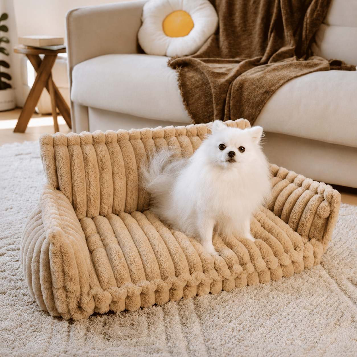 Canapé moelleux pour chien Le Boudoir Camel — mise en situation salon