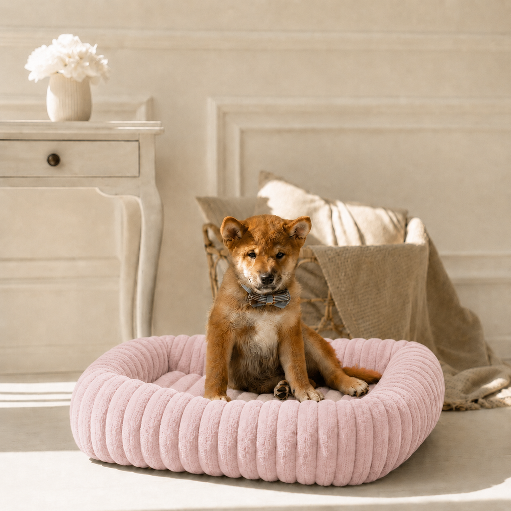 Panier moelleux Le Cocon pour chien, coloris Rose poudré, Maison Pattounes, vue 1