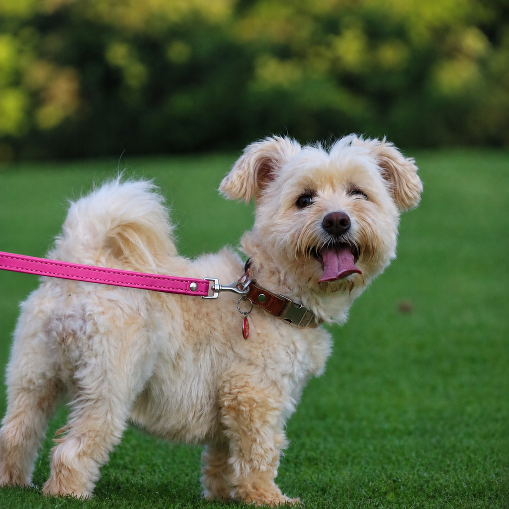 Laisse en cuir L'Attache pour chien, coloris Rose poudré, Maison Pattounes
