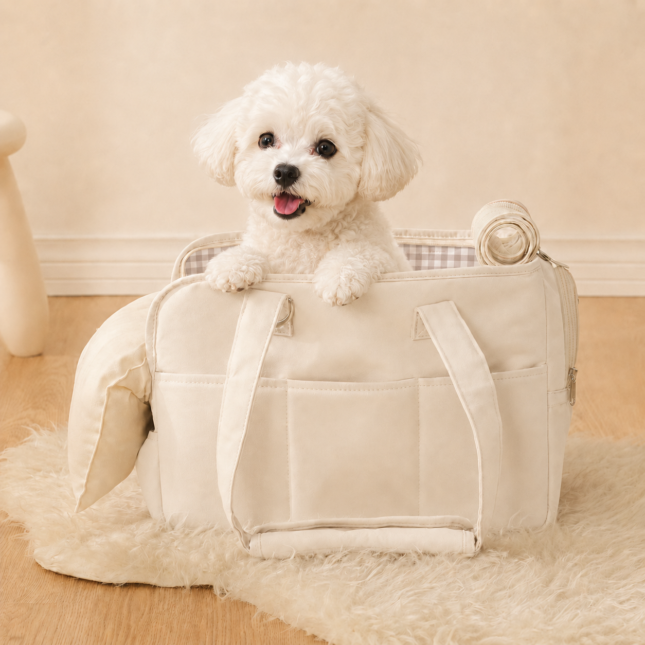 Sac bandoulière Le Flâneur beige pour petit chien — porté épaule