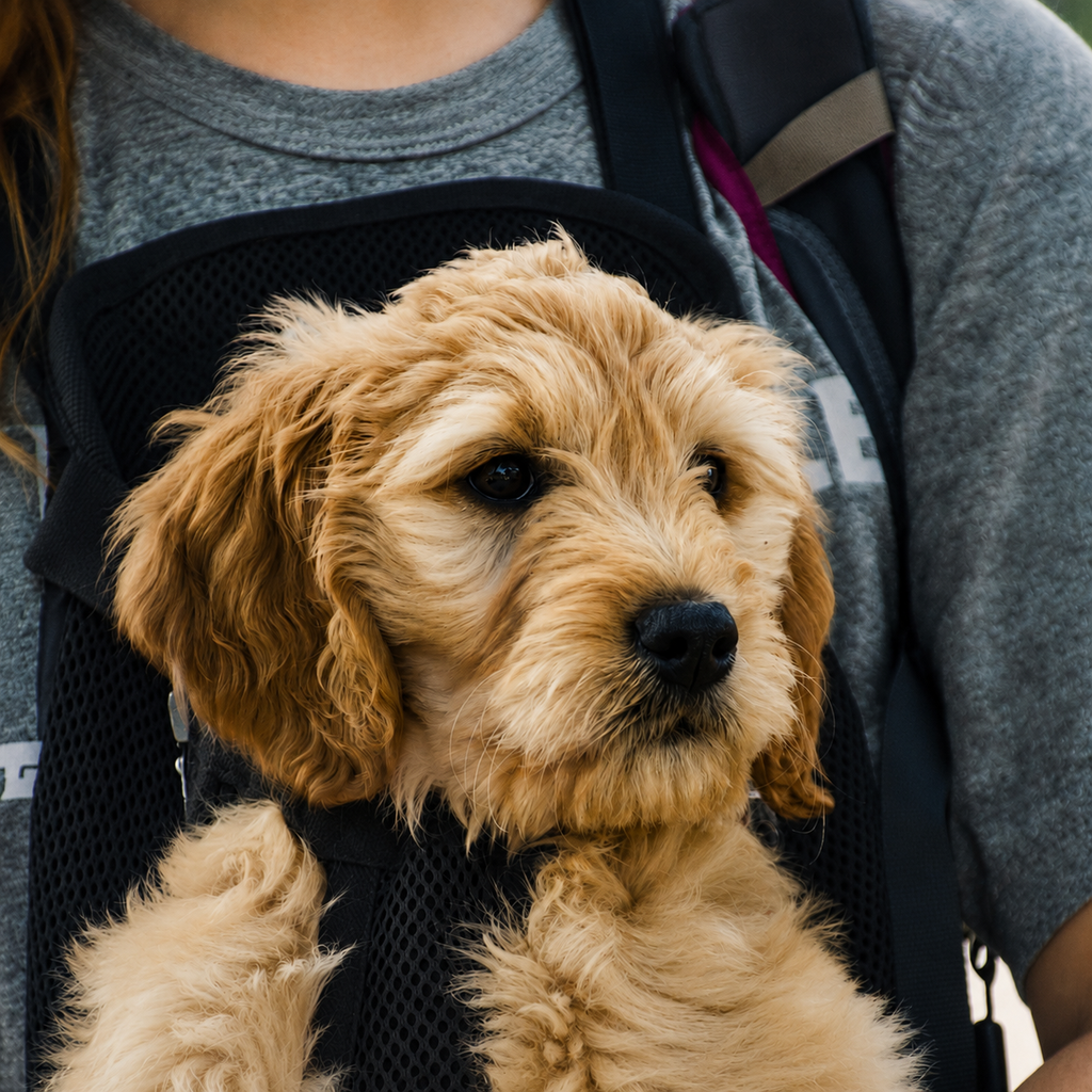 Chiot au poil bouclé porté contre la poitrine dans le sac de transport L'Éclaireur noir, la tête et les pattes sorties de la maille respirante