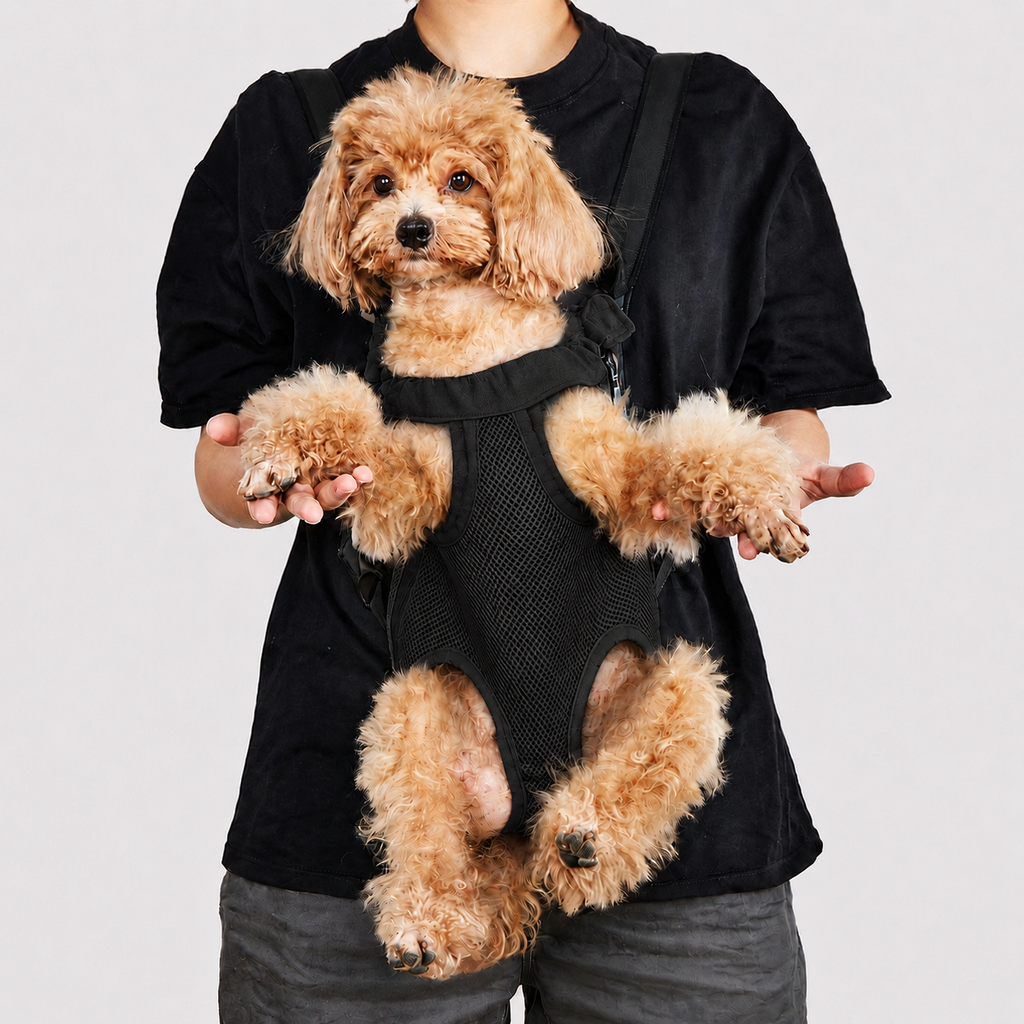 Petit chien au poil bouclé porté face à la route dans le sac de transport L'Éclaireur noir, les quatre pattes passées dans les ouvertures, maintenu contre le buste