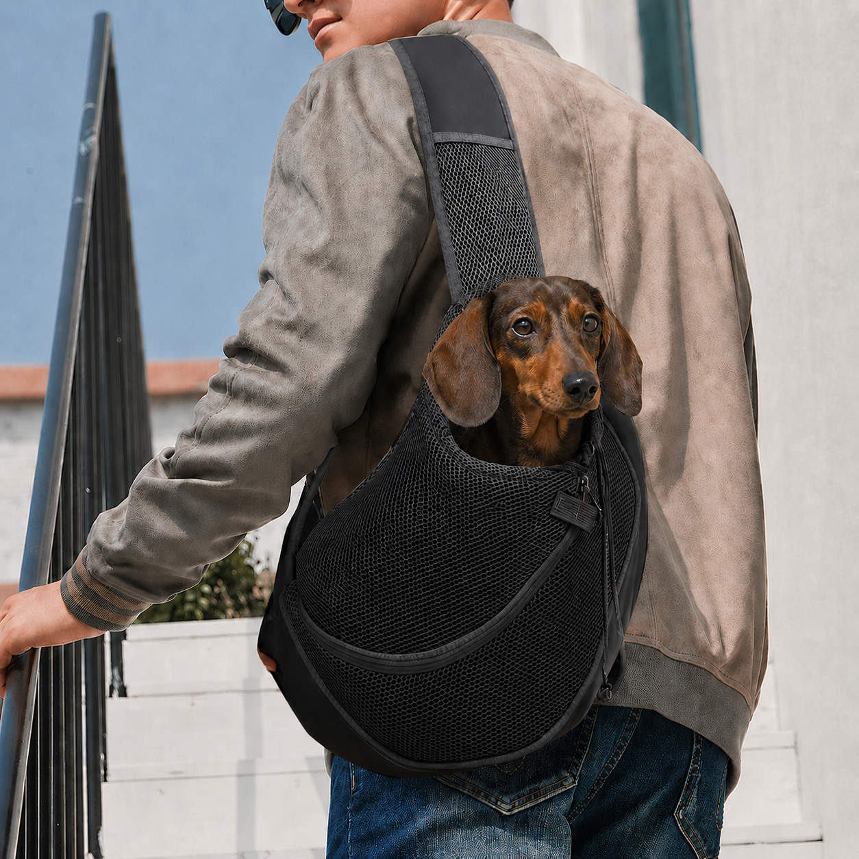Petit teckel porté dans le sac de transport bandoulière Le Baladin noir, la tête sortie de la maille, un homme le porte en travers du buste dans la rue — Maison Pattounes