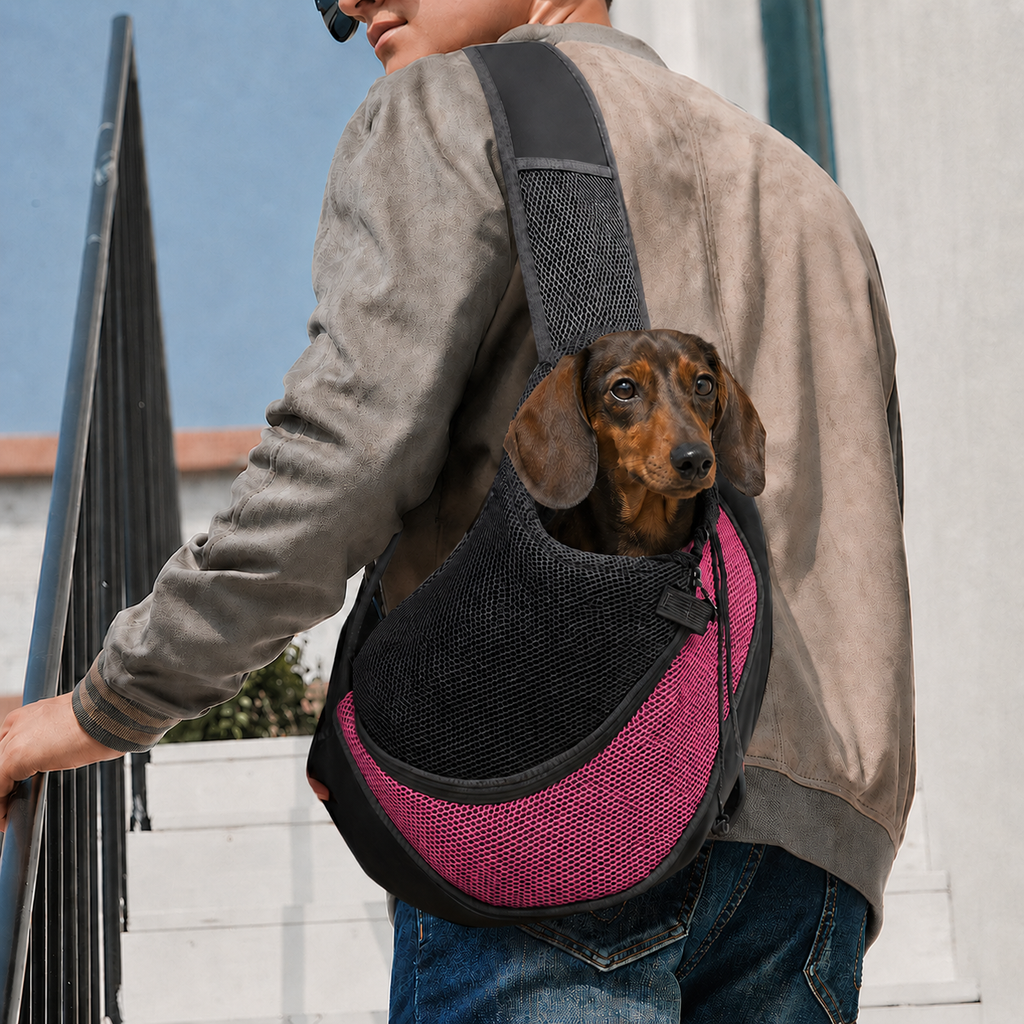 Petit teckel porté dans le sac de transport bandoulière Le Baladin rose, la tête sortie de la maille, un homme le porte en travers du buste dans la rue — Maison Pattounes