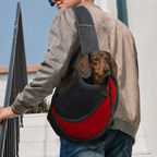 Petit teckel porté dans le sac de transport bandoulière Le Baladin rouge, la tête sortie de la maille, un homme le porte en travers du buste dans la rue — Maison Pattounes