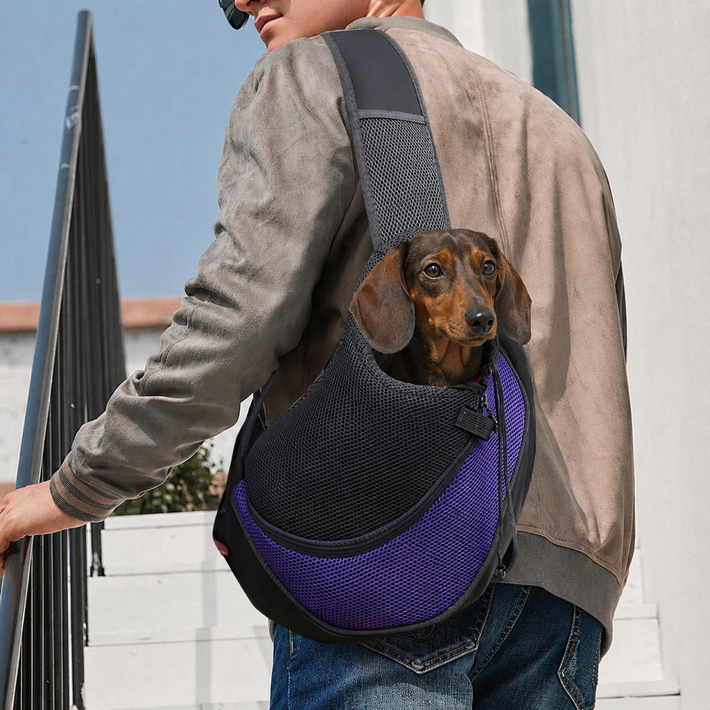 Petit teckel porté dans le sac de transport bandoulière Le Baladin violet, la tête sortie de la maille, un homme le porte en travers du buste dans la rue — Maison Pattounes