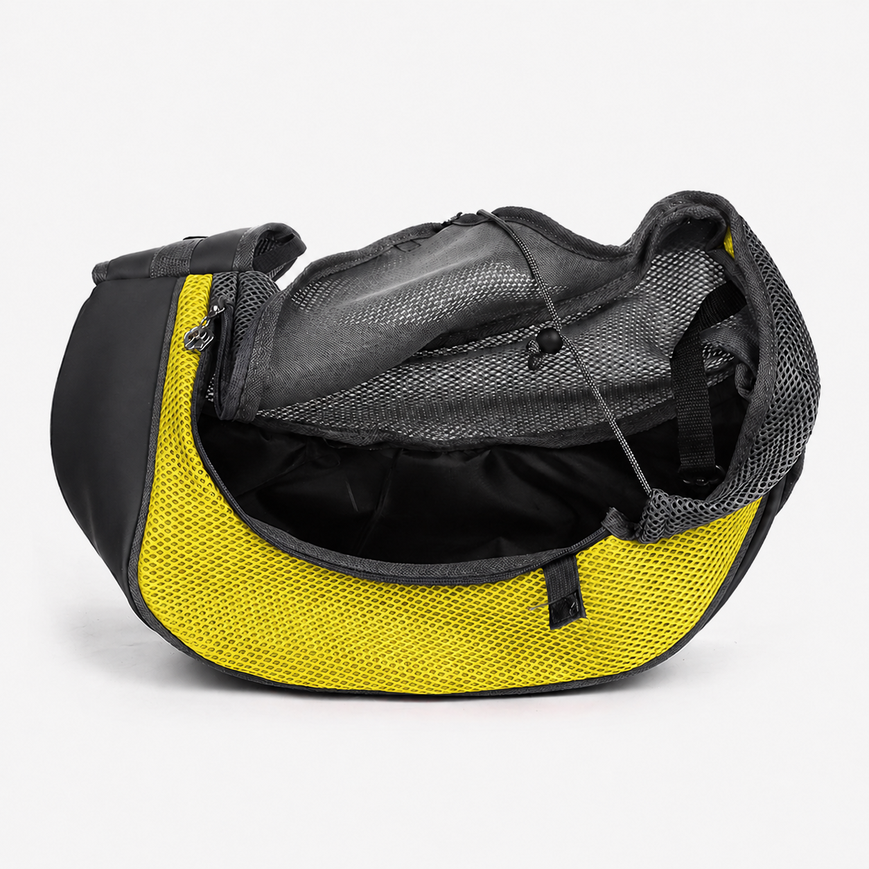 Sac bandoulière Le Baladin jaune ouvert, doublure intérieure et cordon de serrage visibles — maille respirante pour petit chien