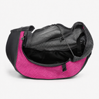 Sac bandoulière Le Baladin rose ouvert, doublure intérieure et cordon de serrage visibles — maille respirante pour petit chien