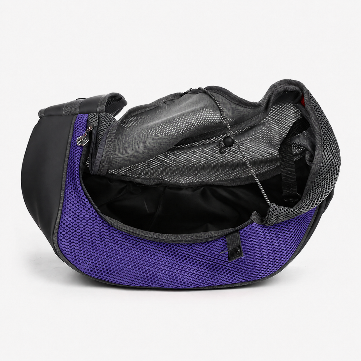 Sac bandoulière Le Baladin violet ouvert, doublure intérieure et cordon de serrage visibles — maille respirante pour petit chien