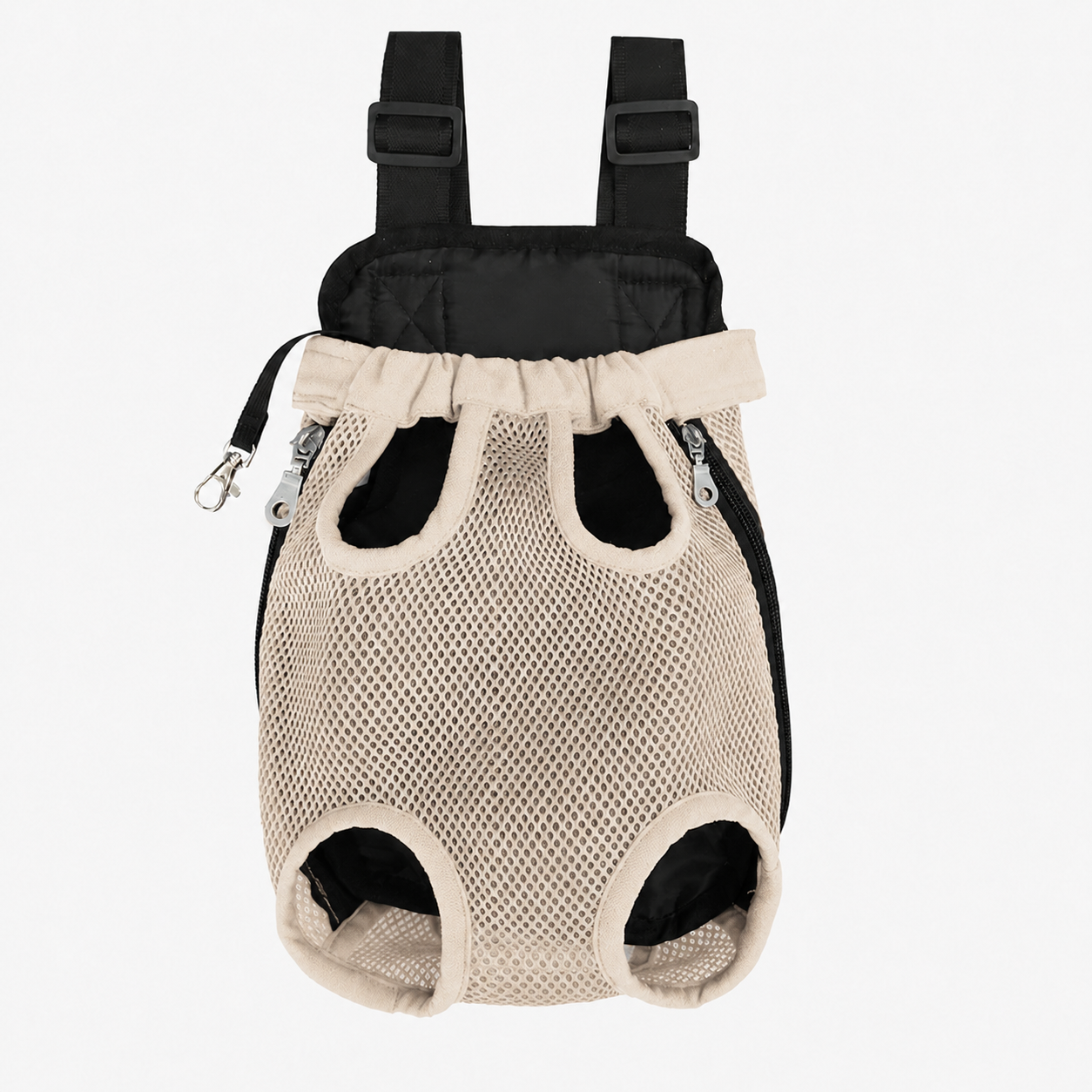 Sac de transport L'Éclaireur abricot présenté à plat, vue de face : quatre ouvertures pour les pattes, bretelles réglables rembourrées et maille respirante abricot