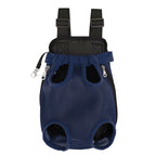 Sac de transport L'Éclaireur bleu marine présenté à plat, vue de face : quatre ouvertures pour les pattes, bretelles réglables rembourrées et maille respirante bleu marine