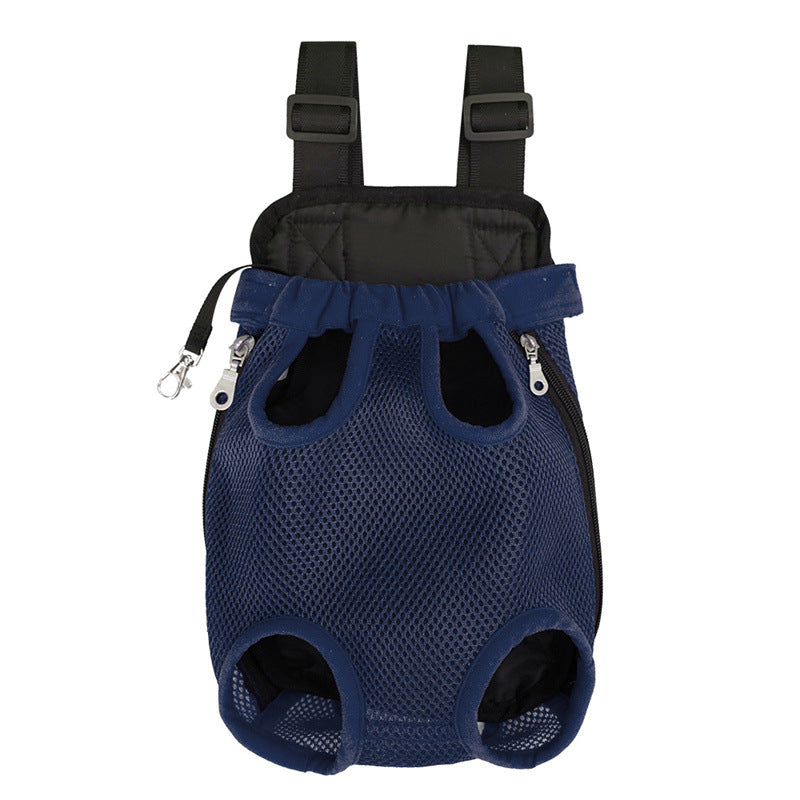 Sac de transport L'Éclaireur bleu marine présenté à plat, vue de face : quatre ouvertures pour les pattes, bretelles réglables rembourrées et maille respirante bleu marine