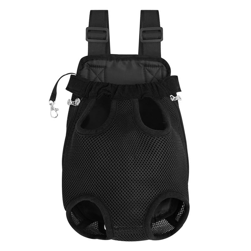 Sac de transport L'Éclaireur noir présenté à plat, vue de face : quatre ouvertures pour les pattes, bretelles réglables rembourrées et maille respirante noire