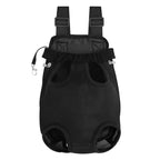 Sac de transport L'Éclaireur noir présenté à plat, vue de face : quatre ouvertures pour les pattes, bretelles réglables rembourrées et maille respirante noire