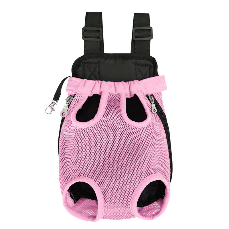 Sac de transport L'Éclaireur rose présenté à plat, vue de face : quatre ouvertures pour les pattes, bretelles réglables rembourrées et maille respirante rose