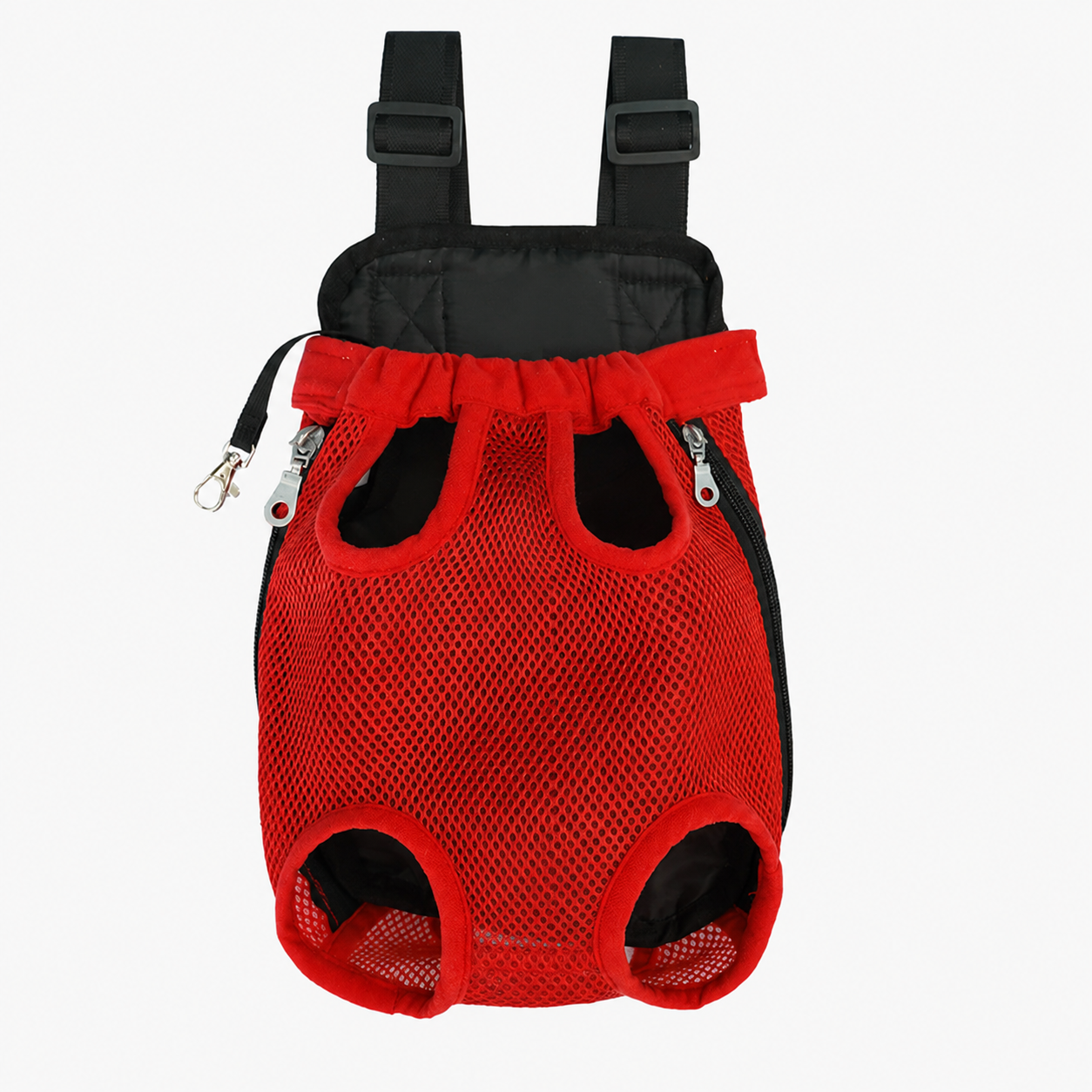 Sac de transport L'Éclaireur rouge présenté à plat, vue de face : quatre ouvertures pour les pattes, bretelles réglables rembourrées et maille respirante rouge