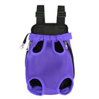 Sac de transport L'Éclaireur violet présenté à plat, vue de face : quatre ouvertures pour les pattes, bretelles réglables rembourrées et maille respirante violette
