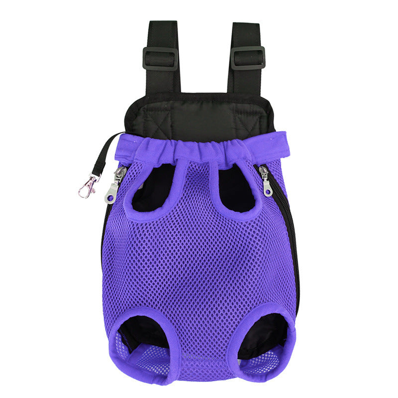 Sac de transport L'Éclaireur violet présenté à plat, vue de face : quatre ouvertures pour les pattes, bretelles réglables rembourrées et maille respirante violette