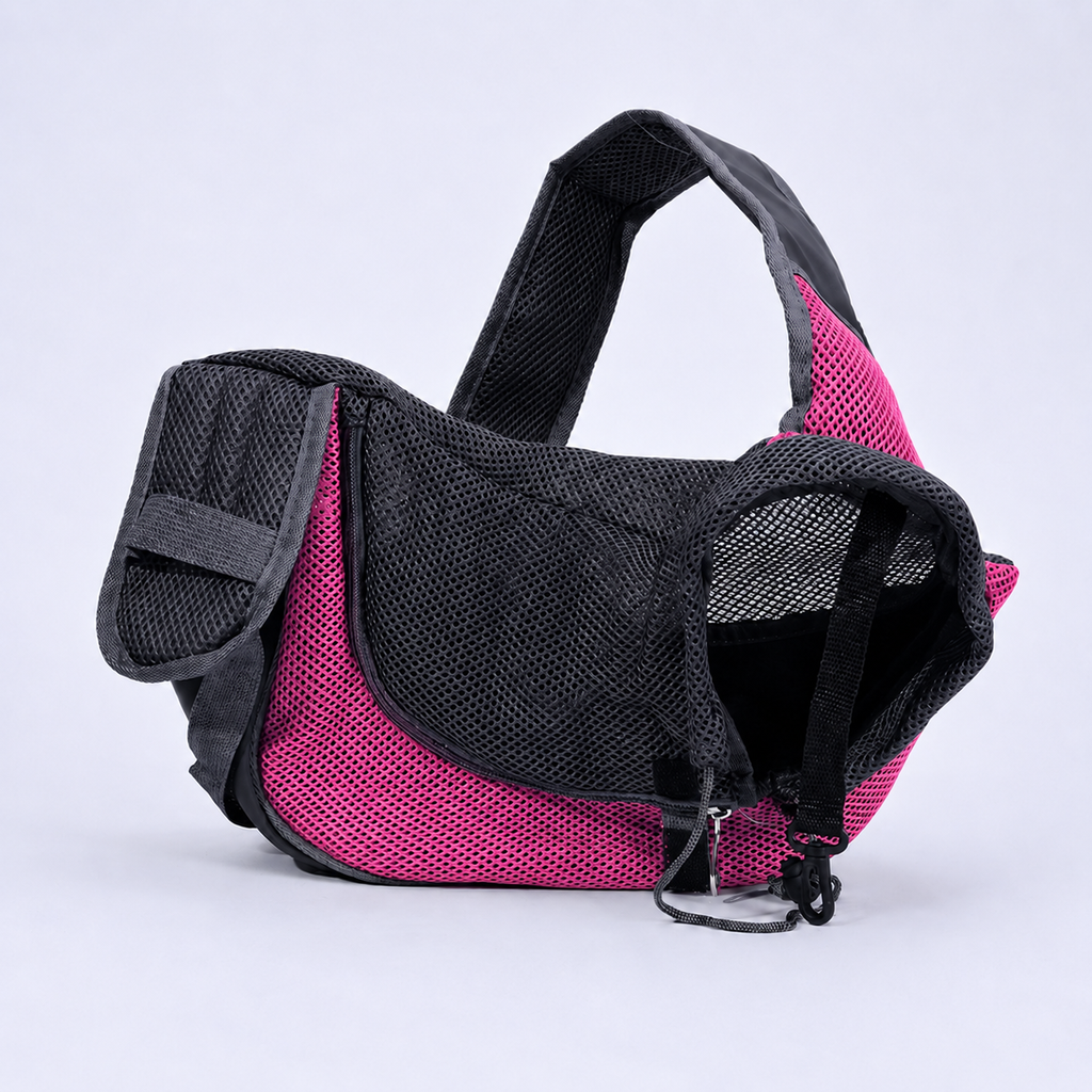 Sac de transport bandoulière pour chien Le Baladin rose, vue de côté sur fond neutre : maille respirante rose et bandoulière matelassée réglable