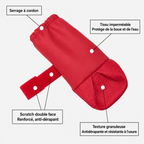 Bottes imperméables Le Chausson pour chien, coloris Rouge, Maison Pattounes, vue 5 : schéma annoté du serrage à cordon, du scratch double face, du tissu imperméable et de la semelle granuleuse